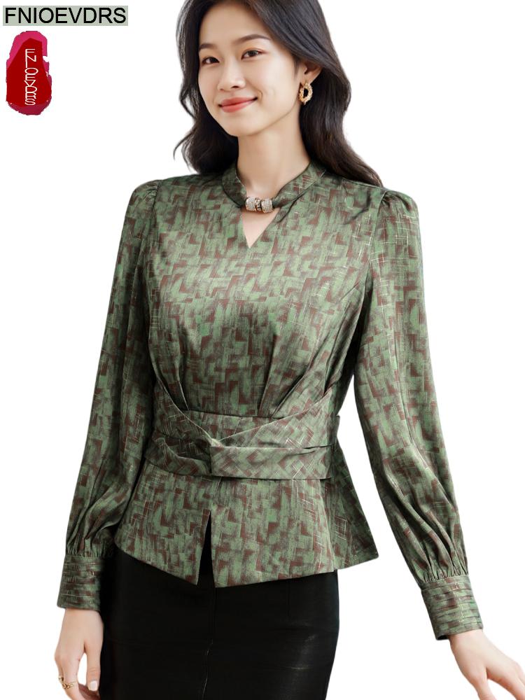 Thai Silk Blouse - Retro Vintage Green Flower Print Tops