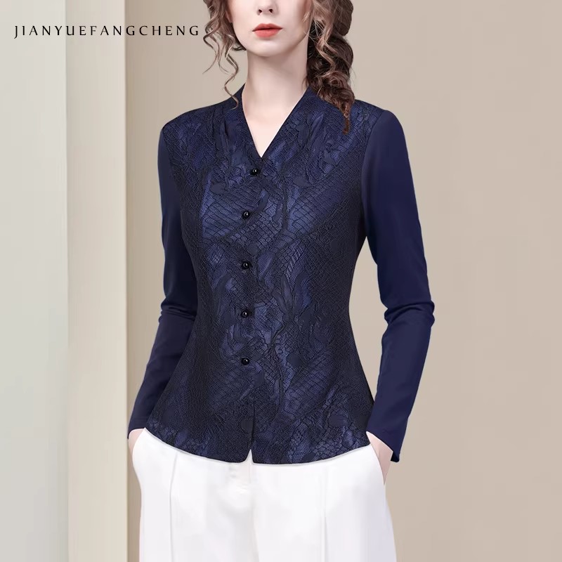 Women' V neck Long Sleeve Blue - Thai Silk Blouse reseña y precio